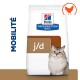 Sac de nourriture pour chats Hill's Prescription Diet j/d avec un chat duveteux aux yeux bleus, étiqueté "Mobilité" à gauche.