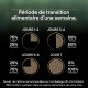 Infographie de transition alimentaire sur une semaine : jours 1-2 75 % ancien / 25 % nouveau ; jours 3-4 50/50 ; jours 5-6 25 % / 75 % ; jour 7 100 % nouveau.