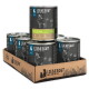 LIEBESGUT Hundefutter-Sechserpack im Kartontray, schwarze Dosen mit Aufschriften "LIEBESGUT", "Ziege für Hunde" und "Sensitiv"