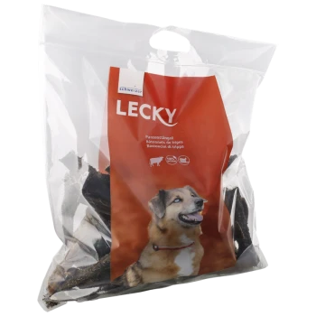 Durchsichtige Plastiktüte mit "LECKY" Hundeleckereien, die ein glückliches Hundebild und mehrsprachigen Text über 100% natürliche Zutaten zeigt.