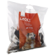 Sac en plastique transparent de friandises pour chiens "LECKY", présentant une image de chien heureux et un texte multilingue sur des ingrédients 100 % naturels.