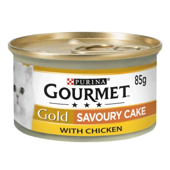 Purina Gourmet Gold Savoury Cake with Chicken cat food can, 85g, featuring a white cat image on the label.