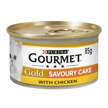 Purina Gourmet Gold Savoury Cake with Chicken cat food can, 85g, featuring a white cat image on the label.