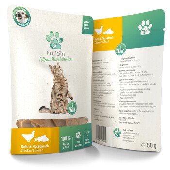 Verpackung von Katzenleckerlis mit einer verspielten Katze, beschriftet mit "Fellicita" und "Huhn & Flussbarsch", 100% Fleisch, 50g.
