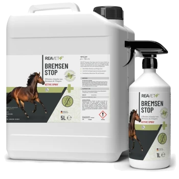REAVET Bremsen Stop Aktivspray zur Abwehr von Pferdebremsen und Fliegen, erhältlich in 5L und 1L Flaschen.