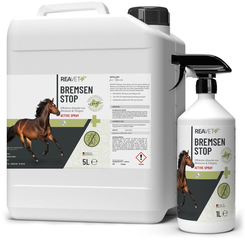 REAVET Bremsen Stop für Pferde | 6L XL Set Kanister mit Sprühflasche