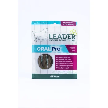 Leader Natural Dog Nutrition Oral Pro treats package showing twisted treats and benefits like "Supports oral health" and "Freshens breath."