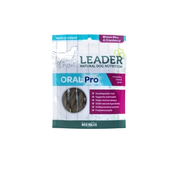 Leader Natural Dog Nutrition Oral Pro treats package showing twisted treats and benefits like "Supports oral health" and "Freshens breath."