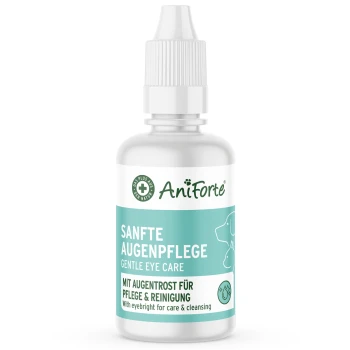 Flasche AniForte Gentle Eye Care für Haustiere, mit einem weißen und türkisfarbenen Design und Text in Deutsch und Englisch, der Pflege und Reinigung hervorhebt.