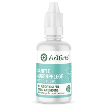 Flasche AniForte Gentle Eye Care für Haustiere, mit einem weißen und türkisfarbenen Design und Text in Deutsch und Englisch, der Pflege und Reinigung hervorhebt.
