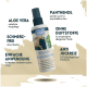 Eine Pferde Wundspray-Flasche für Pferde, die Aloe Vera, Panthenol und eine alkoholfreie Formel mit mehrsprachigen Anweisungen hervorhebt.