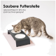 Eine aufgerollte beige Silikon-Haustiermatte liegt flach, mit dem Text 'Keine Wellen' und 'liegt flach auf durch extra dickes Silikon' deutlich sichtbar.