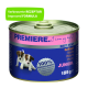 Dosen-Hundefutter mit der Aufschrift 'Premiere' in einem pink-blauen Design, mit dem Text '100% Frischfleisch' und 'Bestes Fleisch', 185g.