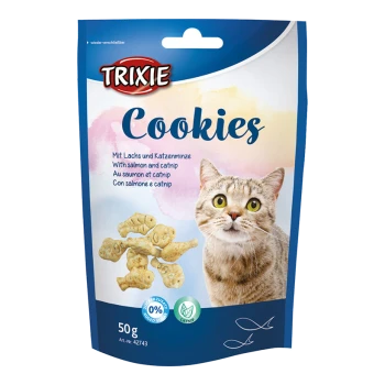 Trixie Cookies Katzenleckerliverpackung mit einer neugierigen Katze, mit Text in mehreren Sprachen, der besagt: 'Mit Lachs und Katzenminze', 50g.