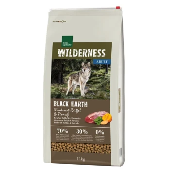 Dog food bag labeled "Wilderness Adult Black Earth," featuring a wolf in a forest, with details on ingredients: 70% meat, 30% fruits, 0% grains.