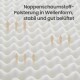 Welliges Noppenschaumstoff-Polster mit nach oben zeigenden Pfeilen; Text: 'Noppenschaumstoff-Polsterung ... gut belüftet'