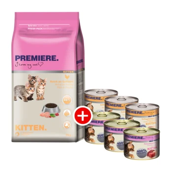 Kitten Mischfütterung Set 2tlg.1 Eine 2 kg Tüte PREMIERE Kittenfutter mit verspielten Kätzchen, 46 % Geflügel, plus vier Dosen mit der Aufschrift 100 % Fleisch für Kätzchen.