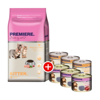 Eine 2 kg Tüte PREMIERE Kittenfutter mit verspielten Kätzchen, 46 % Geflügel, plus vier Dosen mit der Aufschrift 100 % Fleisch für Kätzchen.