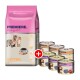 Eine 2 kg Tüte PREMIERE Kittenfutter mit verspielten Kätzchen, 46 % Geflügel, plus vier Dosen mit der Aufschrift 100 % Fleisch für Kätzchen.