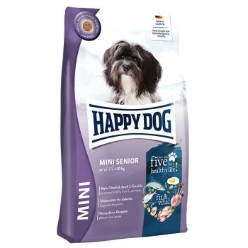 Eine Tüte Happy Dog Mini Senior Hundefutter mit einem kleinen Hund auf der Vorderseite, mit Text, der Vorteile wie erhöhte Vitalität und Gelenkunterstützung hervorhebt.