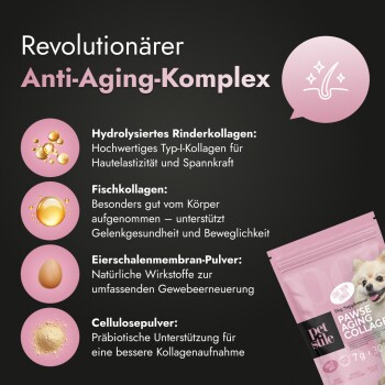 Rosa Haustierergänzungspaket mit der Aufschrift "Pawse Aging Collagen" mit Hundebild und deutschem Text, der Anti-Aging-Kollagen-Inhaltsstoffe beschreibt.