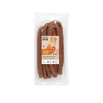 Packung mit Hühnersnacks für Hunde, bestehend aus acht 20g Sticks, beschriftet mit "natura DOG" und einer Zeichnung eines Hundes sowie glutenfreien Symbolen.