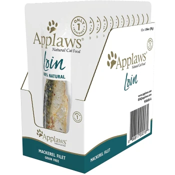 Verpackung von Applaws Natural Cat Food mit Makrelenfilet, gekennzeichnet mit "100% Natürlich" und "Getreidefrei", mit einem Pfotenabdruck-Logo.