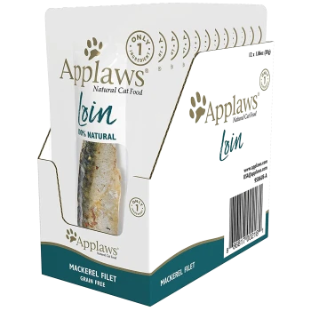 Verpackung von Applaws Natural Cat Food mit Makrelenfilet, gekennzeichnet mit "100% Natürlich" und "Getreidefrei", mit einem Pfotenabdruck-Logo.