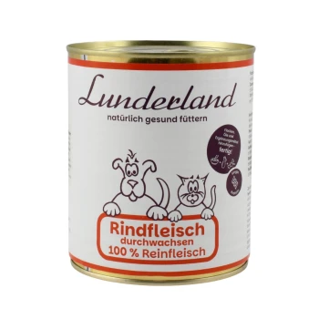 Eine Dose "Lunderland" Tiernahrung mit "natürlich gesund füttern" und "Rindfleisch durchwachsen," illustriert mit Cartoon-Tieren und Utensilien.