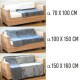 Drei Bilder eines Sofas mit grauen Haustierdecken, beschriftet mit den Abmessungen: 70x100 cm, 100x150 cm und 150x160 cm.