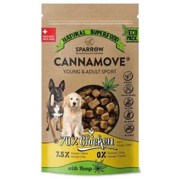 Hundefutterbeutel mit einem Belgischen Malinois und einem Golden Retriever, beschriftet mit "CANNAMOVE YOUNG & ADULT SPORT", 70% Huhn, 7,5% Kräuter, 0% Getreide.