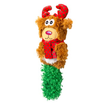 Plush brown dog toy with red polka dot antlers and scarf, and a green textured chew tail, isolated on white.