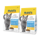 Zwei 1,4 kg Beutel MultiFit Care Urinary Katzenfutter mit Hähnchengeschmack, mit einer grauen Katze und einer Schale Trockenfutter.