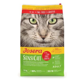 Josera SensiCat Katzenfutterbeutel für erwachsene Katzen mit Nahaufnahme eines Katzenkopfes, 10 kg + 1 kg gratis, hochverdaulich für empfindliche Verdauung.