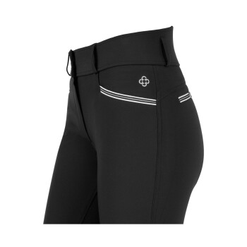 Schwarze Haustierpflegehose mit hohem Bund, mit einem Logo und weißen Streifen auf den hinteren Taschen.
