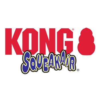 KONG-logo in fel rood met rood speelgoedsilhouet en daaronder speelse 'SqueakAir'-tekst in blauw en geel.