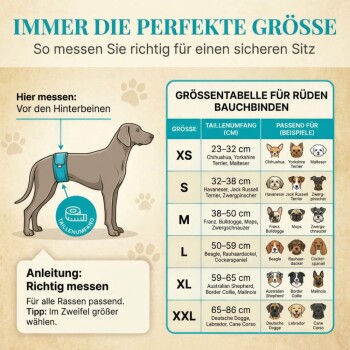 Größentabelle für Hundebauchbänder auf Deutsch mit Messdiagramm und Größentabelle XS–XXL mit Taillenumfang in cm und Beispielrassen.
