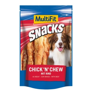 Emballage de MultiFit Snacks avec un chien souriant, avec le texte "Chick 'n' Chew mit Rind" et des images de friandises moelleuses à l'intérieur.