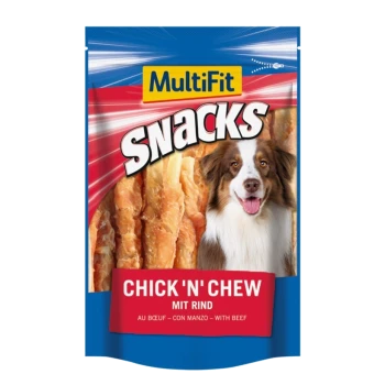 Emballage de MultiFit Snacks avec un chien souriant, avec le texte "Chick 'n' Chew mit Rind" et des images de friandises moelleuses à l'intérieur.