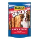 MultiFit Snacks Verpackung mit einem lächelnden Hund, mit dem Text 'Chick 'n' Chew mit Rind' und Bildern von kaubaren Leckereien im Inneren.