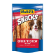 MultiFit Snacks Verpackung mit einem lächelnden Hund, mit dem Text 'Chick 'n' Chew mit Rind' und Bildern von kaubaren Leckereien im Inneren.