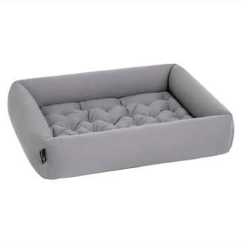 Graues rechteckiges Haustierbett mit gepolstertem Design und weichen Kanten, ideal für Hunde oder Katzen.