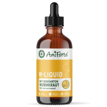 Flasche AniForte W-Liquid für Haustiere, mit einer Pipette, mit dem Hinweis, dass sie echten Wermut enthält, hergestellt in Deutschland, 100% natürlich.