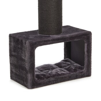 Ein dunkelgrauer Kratzbaum für Katzen mit einer plüschigen Basis und einem gemütlichen, gepolsterten Innenraum sowie einem hohen Kratzbaum, der mit schwarzem Seil umwickelt ist.