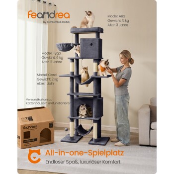 Eine Frau steht neben einem mehrstöckigen Katzenbaum mit drei Katzen und einer Box mit der Aufschrift "feandrea by SONGMICS HOME."