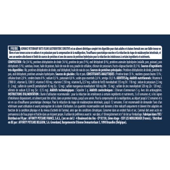 Étiquette de nourriture Advance Veterinary Diets Feline Gastroenteric Sensitive pour chats en français détaillant la composition, les additifs et les instructions d'alimentation.