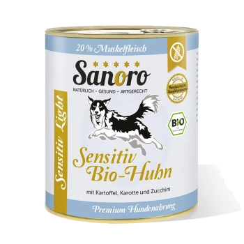 Dose Sanoro Hundefutter mit der Aufschrift 'Sensitiv Bio-Huhn', ausgestattet mit einer Grafik eines laufenden Hundes, mit Zutaten: Kartoffeln, Karotten, Zucchini.