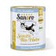 Dose Sanoro Hundefutter mit der Aufschrift 'Sensitiv Bio-Huhn', ausgestattet mit einer Grafik eines laufenden Hundes, mit Zutaten: Kartoffeln, Karotten, Zucchini.