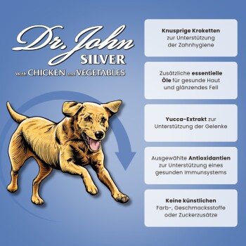 Illustration eines laufenden Hundes mit Text zu den Vorteilen: Gelenkunterstützung, gesunde Haut, Zahnhygiene, Immununterstützung, keine künstlichen Zusatzstoffe.