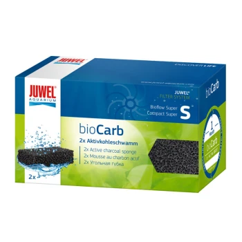 bioCarb S (Super/Compact S) 2 szt. Zestaw gąbek filtracyjnych Juwel bioCarb, zawierający dwie aktywne gąbki węglowe, z tekstem w wielu językach, w tym angielskim i niemieckim.